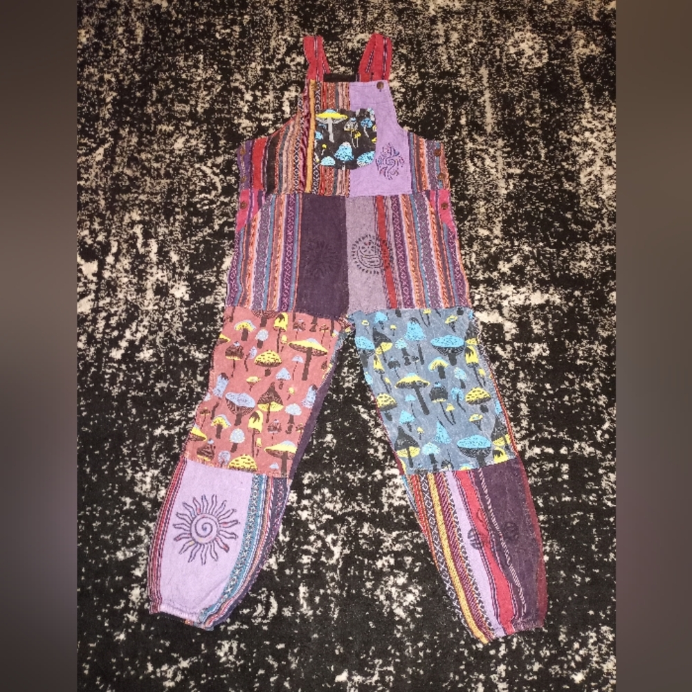 Rising International Multicolor Patchwork Overalls With Mushroom Pocket.